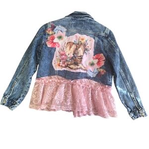 Upcycled Floral Denim Jacket with Pink Lace